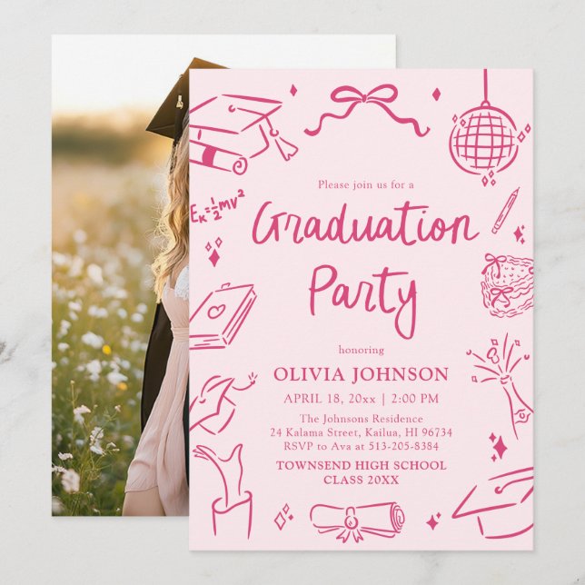 Modern Whimsical Hand Drawn Pink Graduation Party Einladung (Vorne/Hinten)