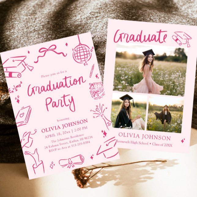 Modern Whimsical Hand Drawn Pink Graduation Party Einladung (Modern Whimsical Hand Drawn Pink Graduation Party Invitation)