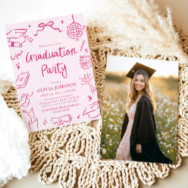 Modern Whimsical Hand Drawn Pink Graduation Party Einladung