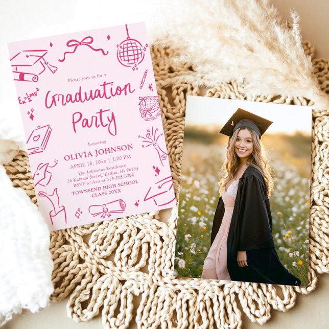 Modern Whimsical Hand Drawn Pink Graduation Party Einladung (Modern Whimsical Hand Drawn Pink Graduation Party Invitation)