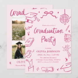 Modern Whimsical Hand Drawn Pink Graduation Party Einladung