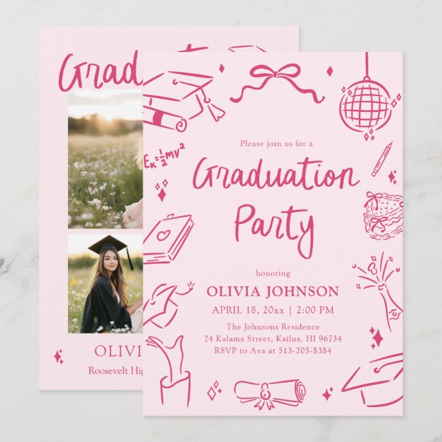 Modern Whimsical Hand Drawn Pink Graduation Party Einladung (Vorne/Hinten)