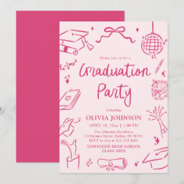 Modern Whimsical Hand Drawn Pink Graduation Party Einladung