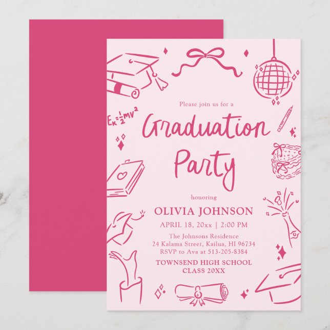 Modern Whimsical Hand Drawn Pink Graduation Party Einladung (Vorne/Hinten)