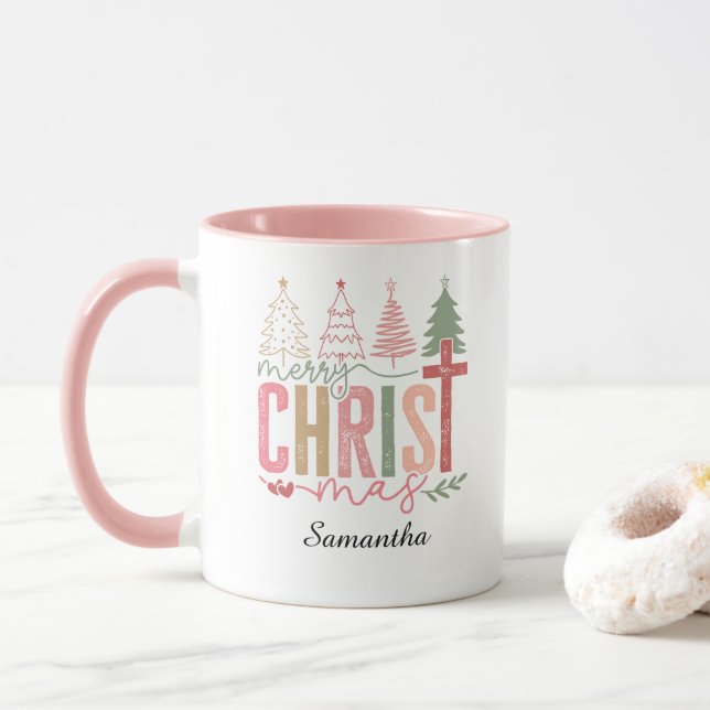 Modern Whimsical Pastel Merry Christ Mas Name   Tasse (Mit Donut)