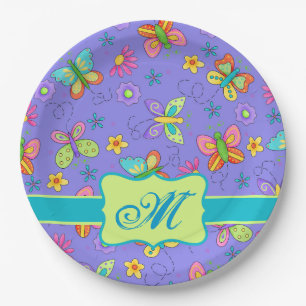 Modern Whimsy Butterfets Lila Lavendel Monogram Pappteller