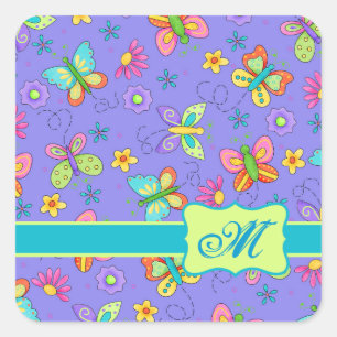 Modern Whimsy Lavender Butterfly Monogram Quadratischer Aufkleber
