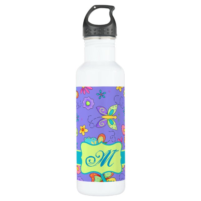 Modern Whimsy Lavender Butterfly Monogram Trinkflasche (Vorderseite)