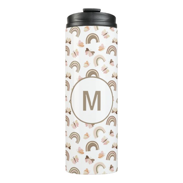 Modern Whit Pink Butterflies Rainbow Monogram Thermosbecher (Vorderseite)