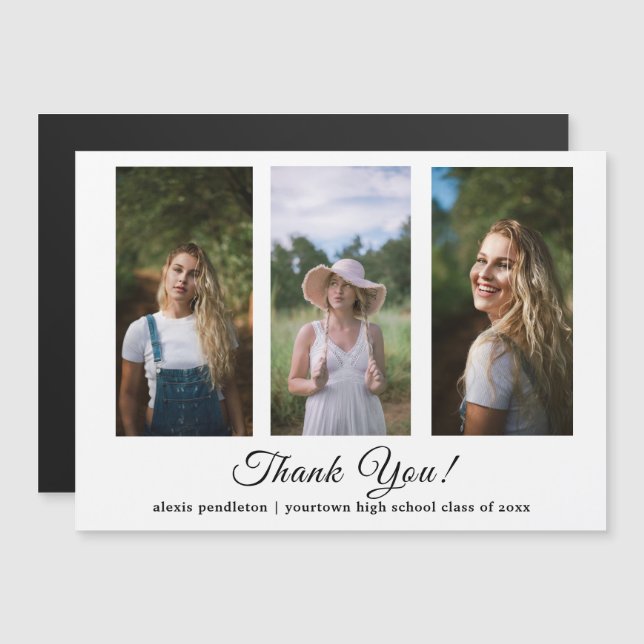 Modern White 3 Foto Abschluss Vielen Dank Magneteinladung (Vorne/Hinten)