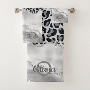 Modern White Agate Silver Monogram Leopard Print Badhandtuch Set