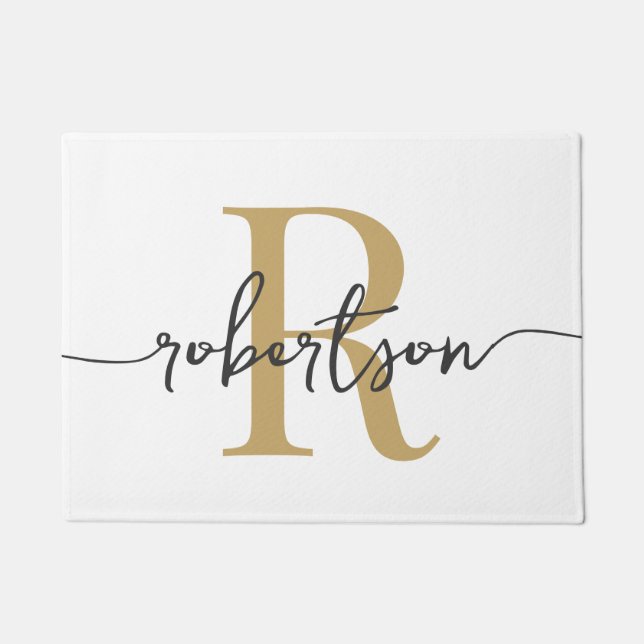Modern White and Gold Monogram Family Name Script Fußmatte (Vorderseite)