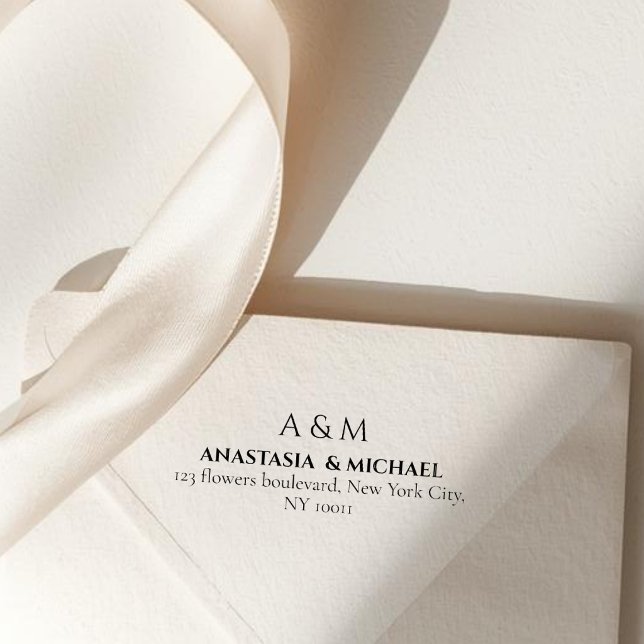 Modern white black minimal wedding return adress permastempel (Von Creator hochgeladen)