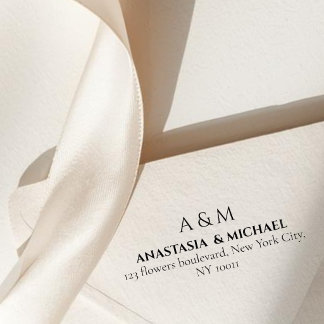 Modern white black minimal wedding return adress permastempel