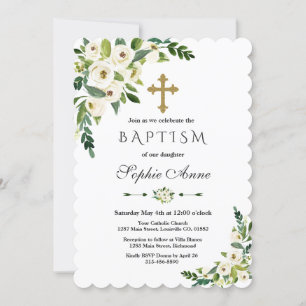 Modern White Blooming Floral Peonies Baptism Einladung