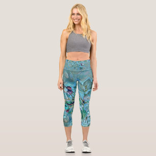 Modern White Blue Green Cherry Blossom Wasserfarbe Capri Leggings