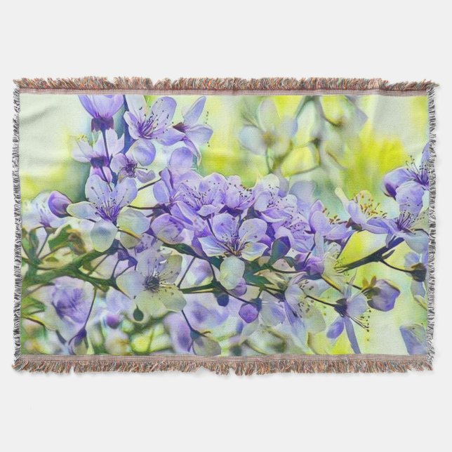 Modern White Blue Green Cherry Blossom Wasserfarbe Decke (Vorderseite)