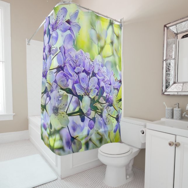 Modern White Blue Green Cherry Blossom Wasserfarbe Duschvorhang (Beispiel)