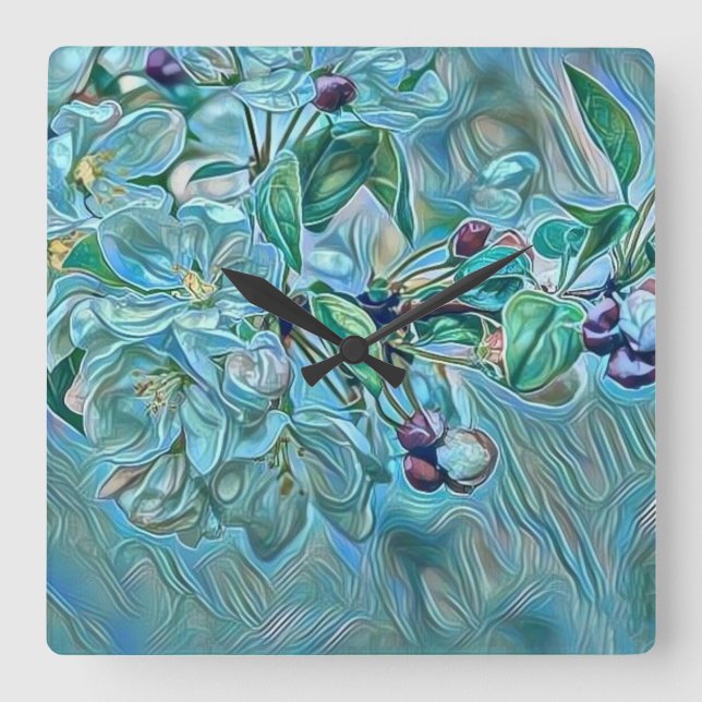 Modern White Blue Green Cherry Blossom Wasserfarbe Quadratische Wanduhr (Vorderseite)