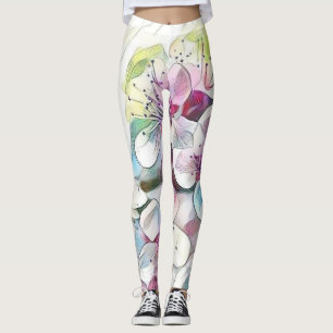 Modern White Blue Pink Cherry Blossom Wasserfarbe Leggings