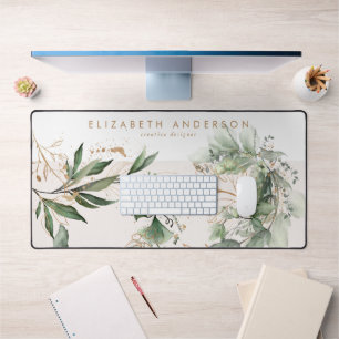 Modern White Blush Gold Eucalyptus Corporate Large Schreibtischunterlage
