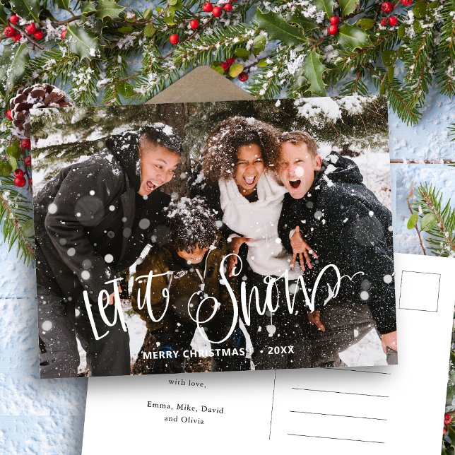 Modern White Bold Fun Script Let It Snow Foto Postkarte (Von Creator hochgeladen)