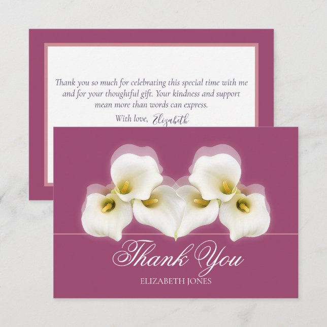 Modern White Calla Lilies Bridal Shower Thank You Dankeskarte (Vorne/Hinten)