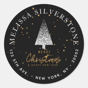 Modern White Christmas Tree Address Label Runder Aufkleber