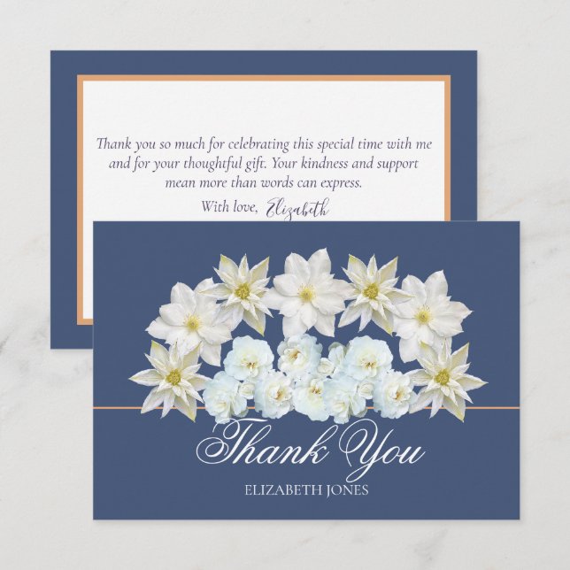 Modern White Clematis Rose Bridal Shower Thank You Dankeskarte (Vorne/Hinten)