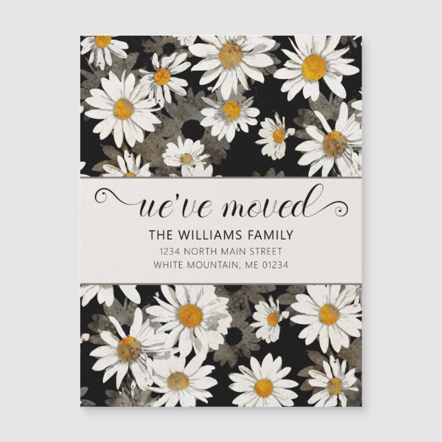 Modern White Daisy in Black Floral Moving Card Magnetkarte (Vorderseite)