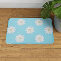 Modern White Daisy Muster Aqua Blue Bath Mat