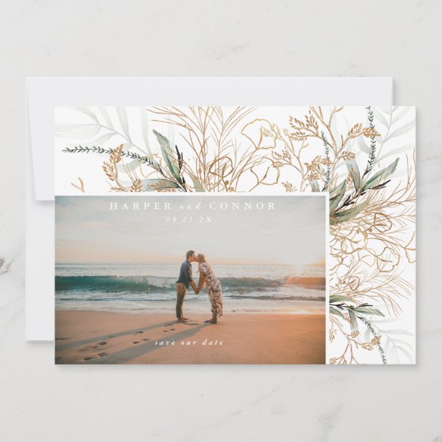 Modern White Elegant Boho Sage Eukalyptus Foto Save The Date (Vorderseite)