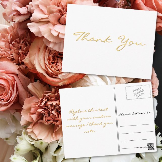 Modern White Elegante Imitate Gold Script Vielen D Postkarte (Modern White Elegant Faux Gold Script Thank You Postcard)