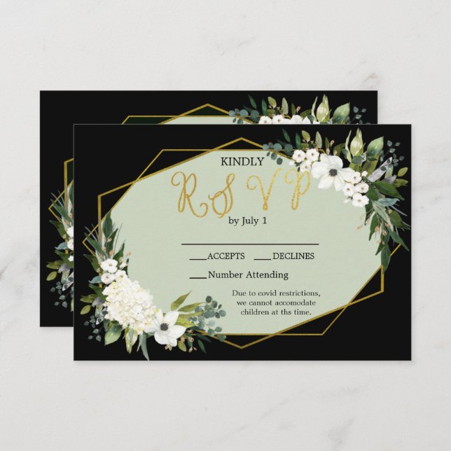 Modern White Floral Black & Gold Geometric RSVP Karte (Vorne/Hinten)