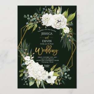 Modern White Floral Greenerie Gold Frame Wedding Einladung
