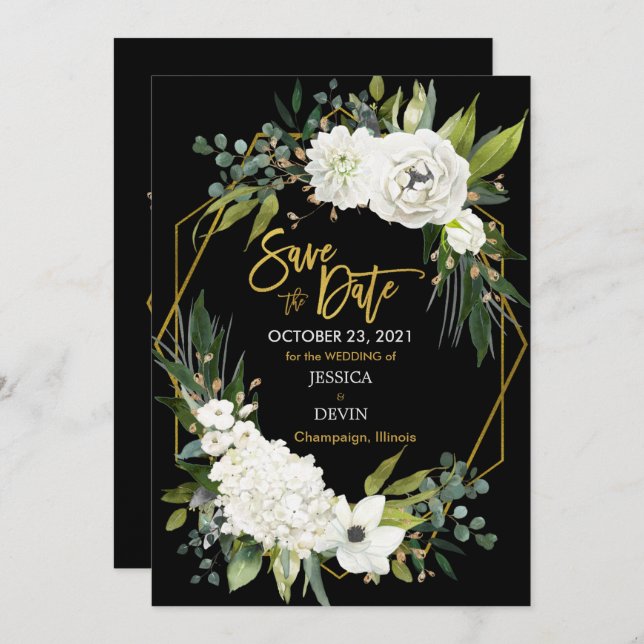 Modern White Floral Velvet Black Gold Geometric Save The Date (Vorne/Hinten)