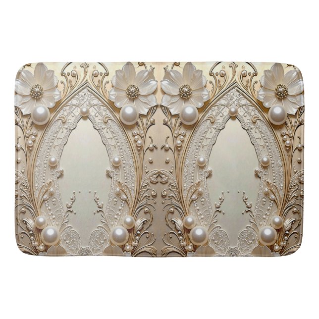 Modern White Flowers Pearls Bath Mat Badematte (Vorderseite)