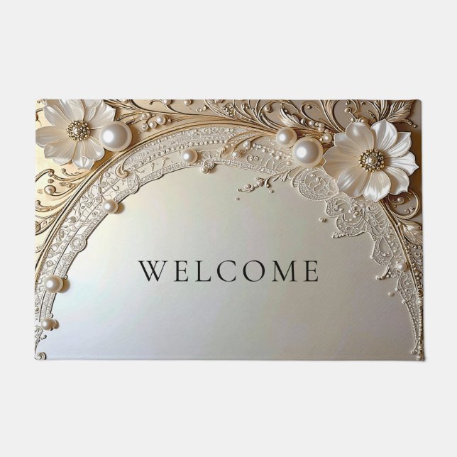 Modern White Flowers Pearls Doormat Fußmatte (Vorderseite)