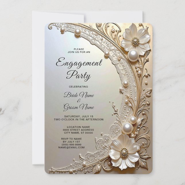 Modern White Flowers Pearls Engagement Invitation Einladung (Vorderseite)