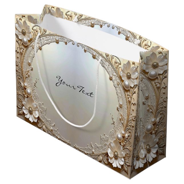 Modern White Flowers Pearls Gift Bag Große Geschenktüte (Rückseite Schrägansicht)