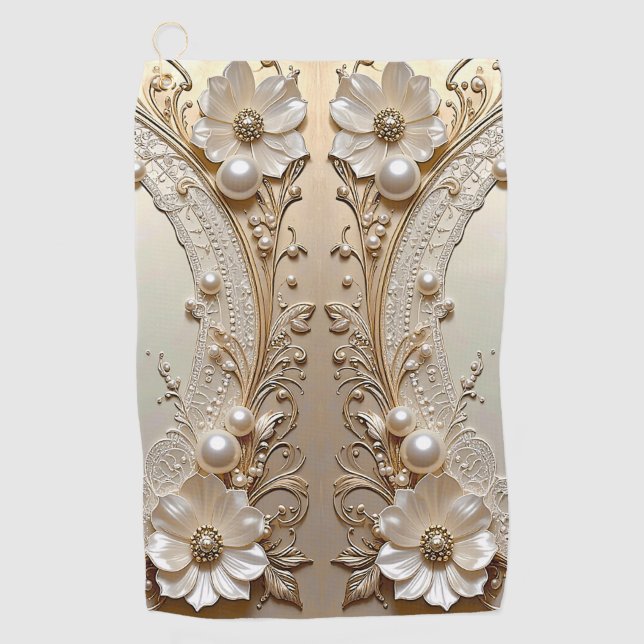 Modern White Flowers Pearls Golf Towel Golfhandtuch (Vorderseite)