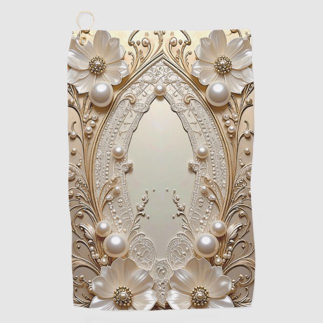 Modern White Flowers Pearls Golf Towel Golfhandtuch (Vorderseite)
