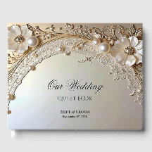 Modern White Flowers Pearls Guest Book