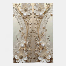 Modern White Flowers Pearls Kitchen Towel Geschirrtuch