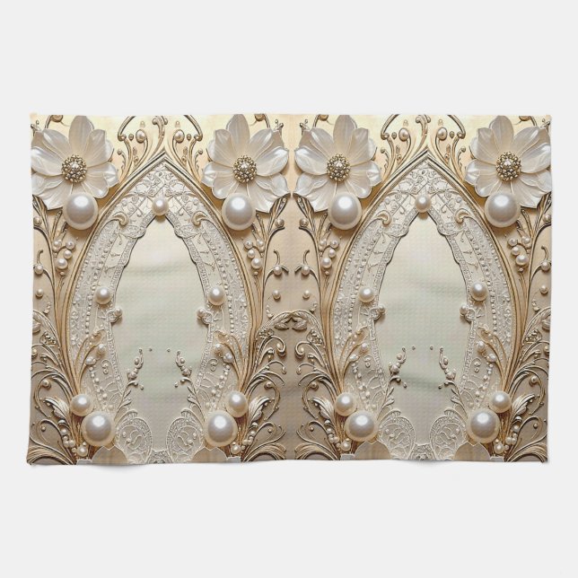 Modern White Flowers Pearls Kitchen Towel Geschirrtuch (Horizontal)