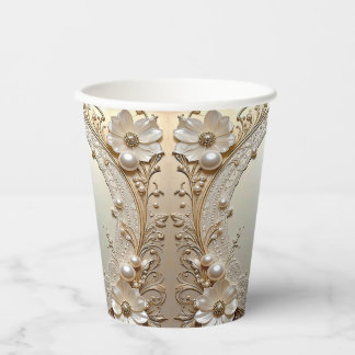 Modern White Flowers Pearls Paper Cups Pappbecher