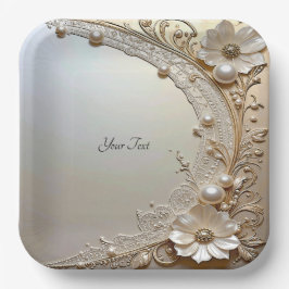 Modern White Flowers Pearls Paper Plate Pappteller