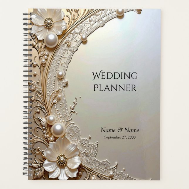 Modern White Flowers Pearls Planner Planer (Vorderseite)