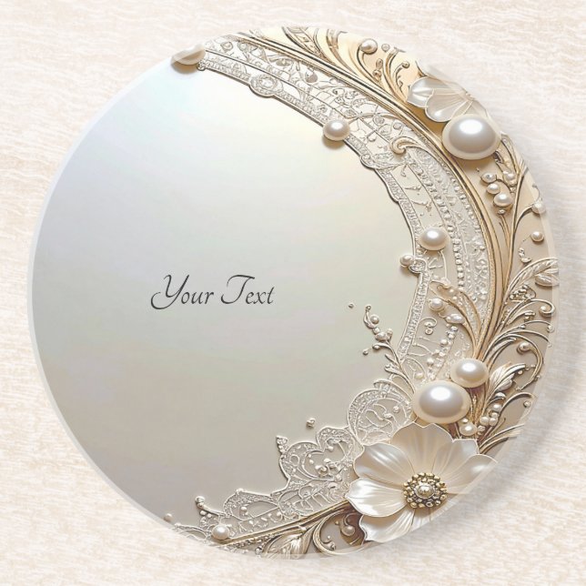 Modern White Flowers Pearls Sandstone Coaster Getränkeuntersetzer (Vorne)