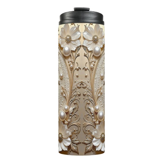 Modern White Flowers Pearls Thermal Tumbler Thermosbecher (Vorderseite)